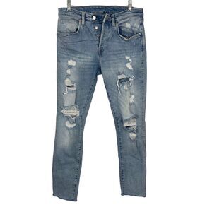 H&M &Denim Jeans Womens 32 Distressed Ripped Light Wsh Skinny Button Fly Raw Hem